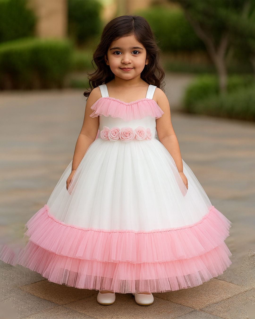 White & Pink Floral Gown 🤍💗 – PD066