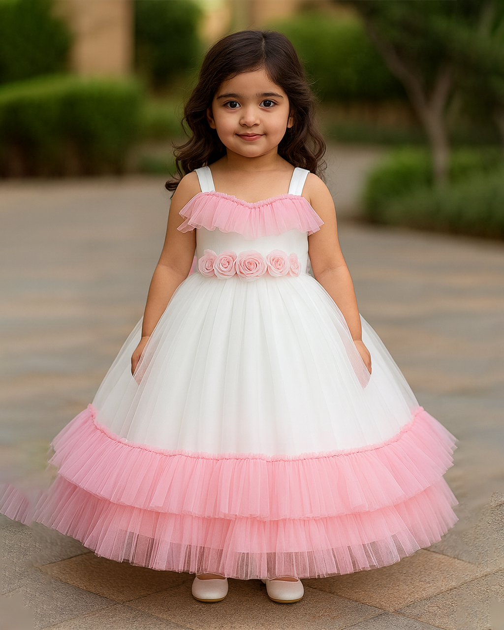 White & Pink Floral Gown â€“ PD066