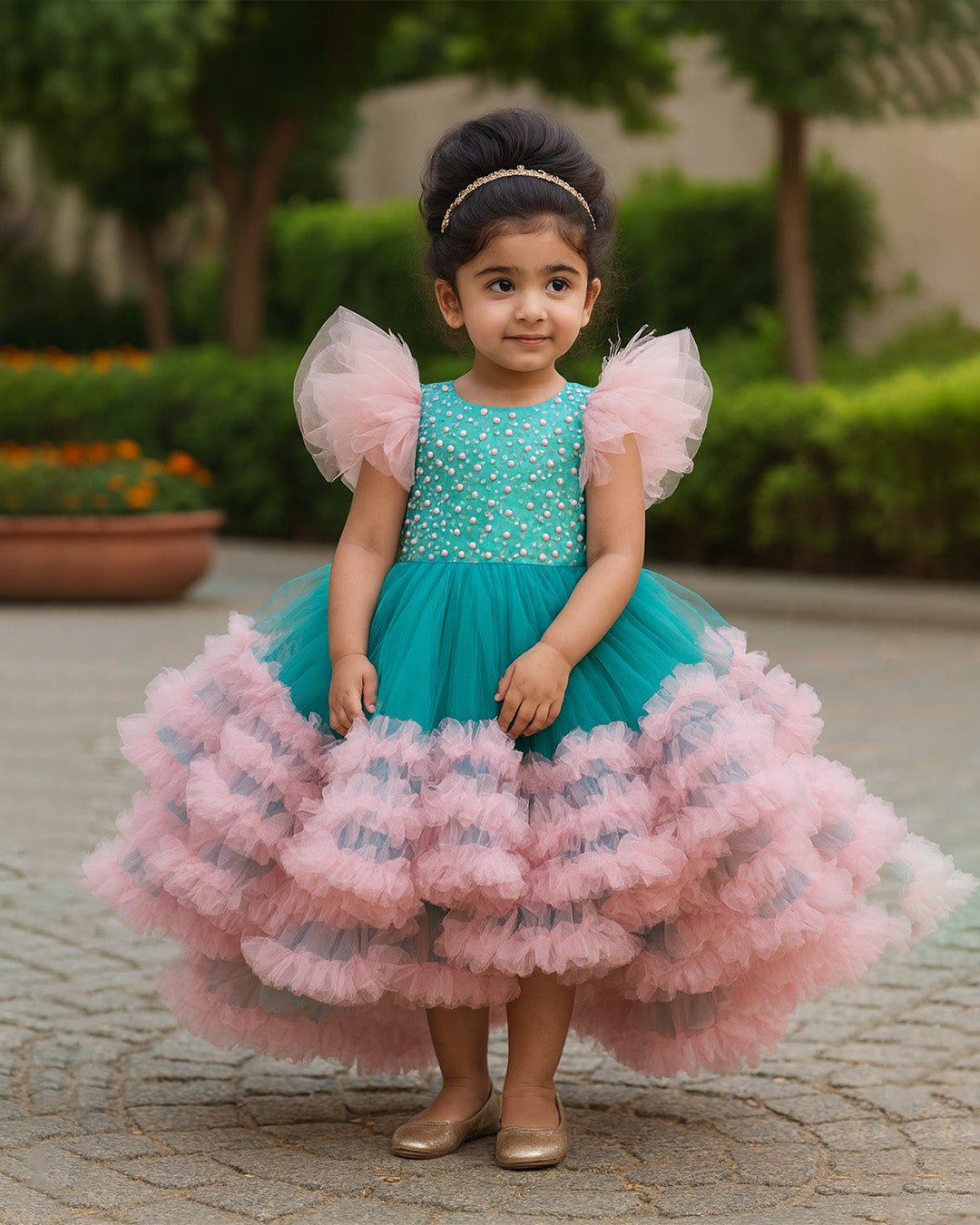 Teal & Pink Ruffle Gown â€“ PD069