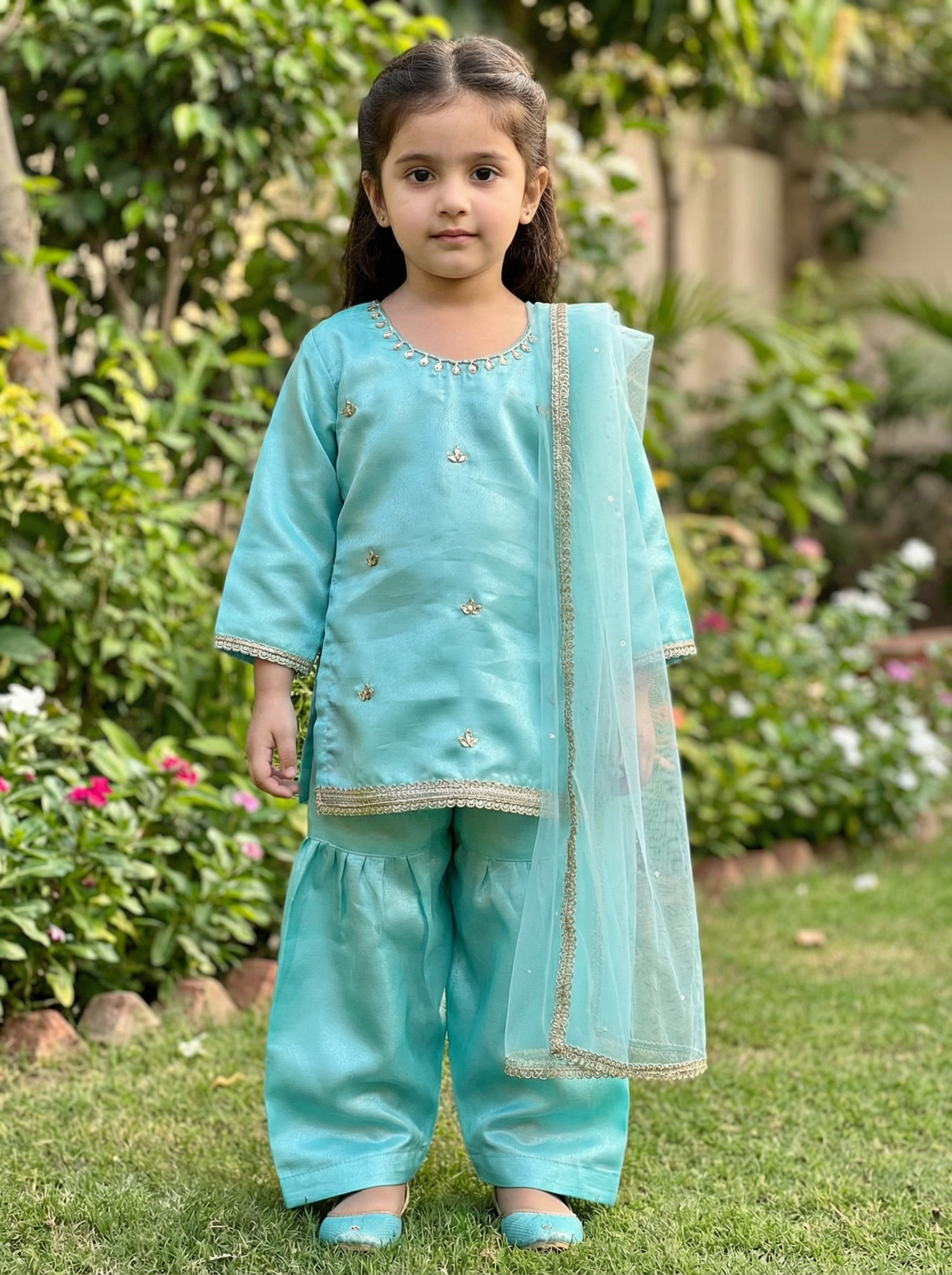 Turquoise Gharara Set with Net Dupatta PD121