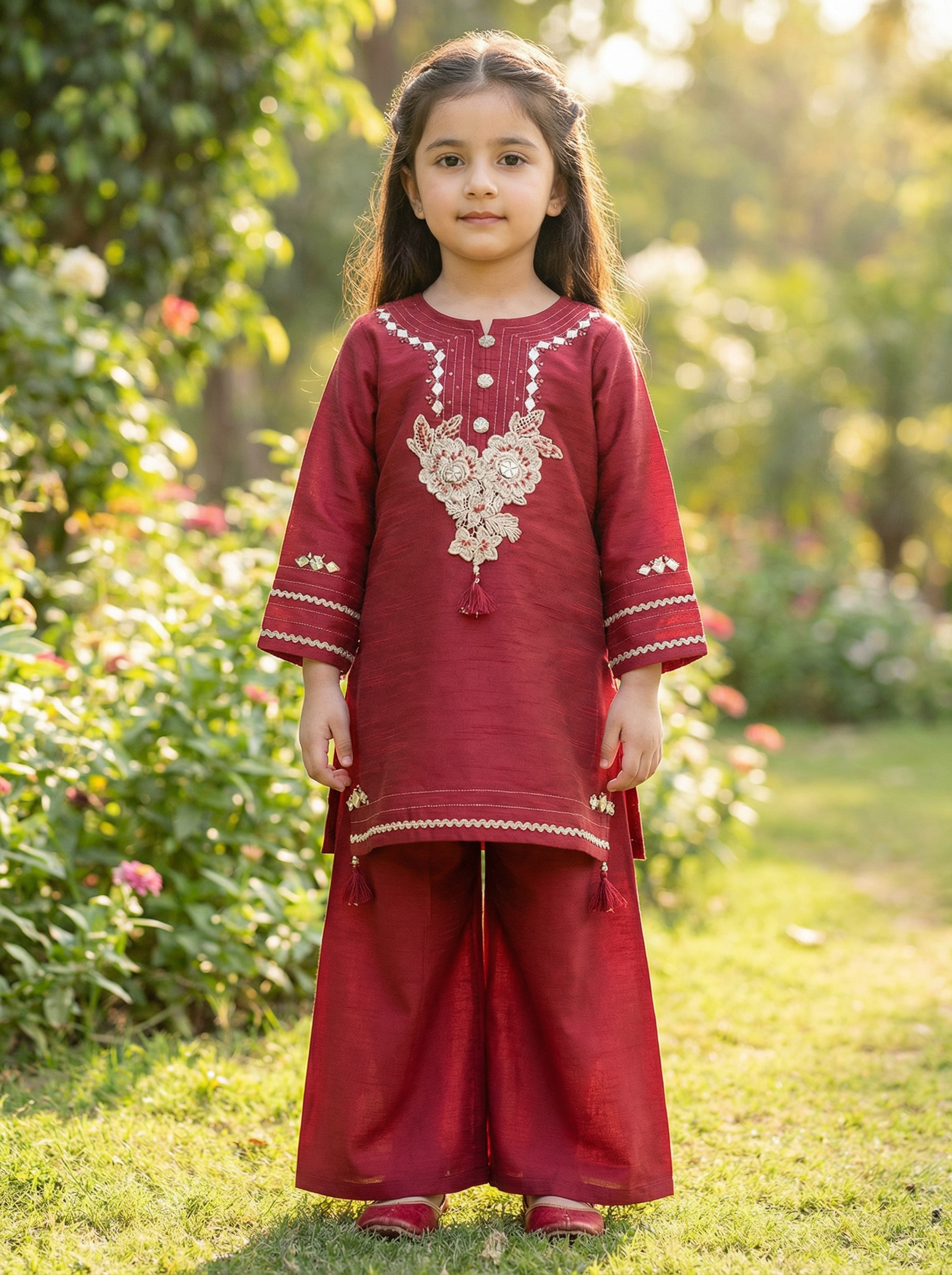 Girls Maroon Kurti & Wide Leg Pants PD125