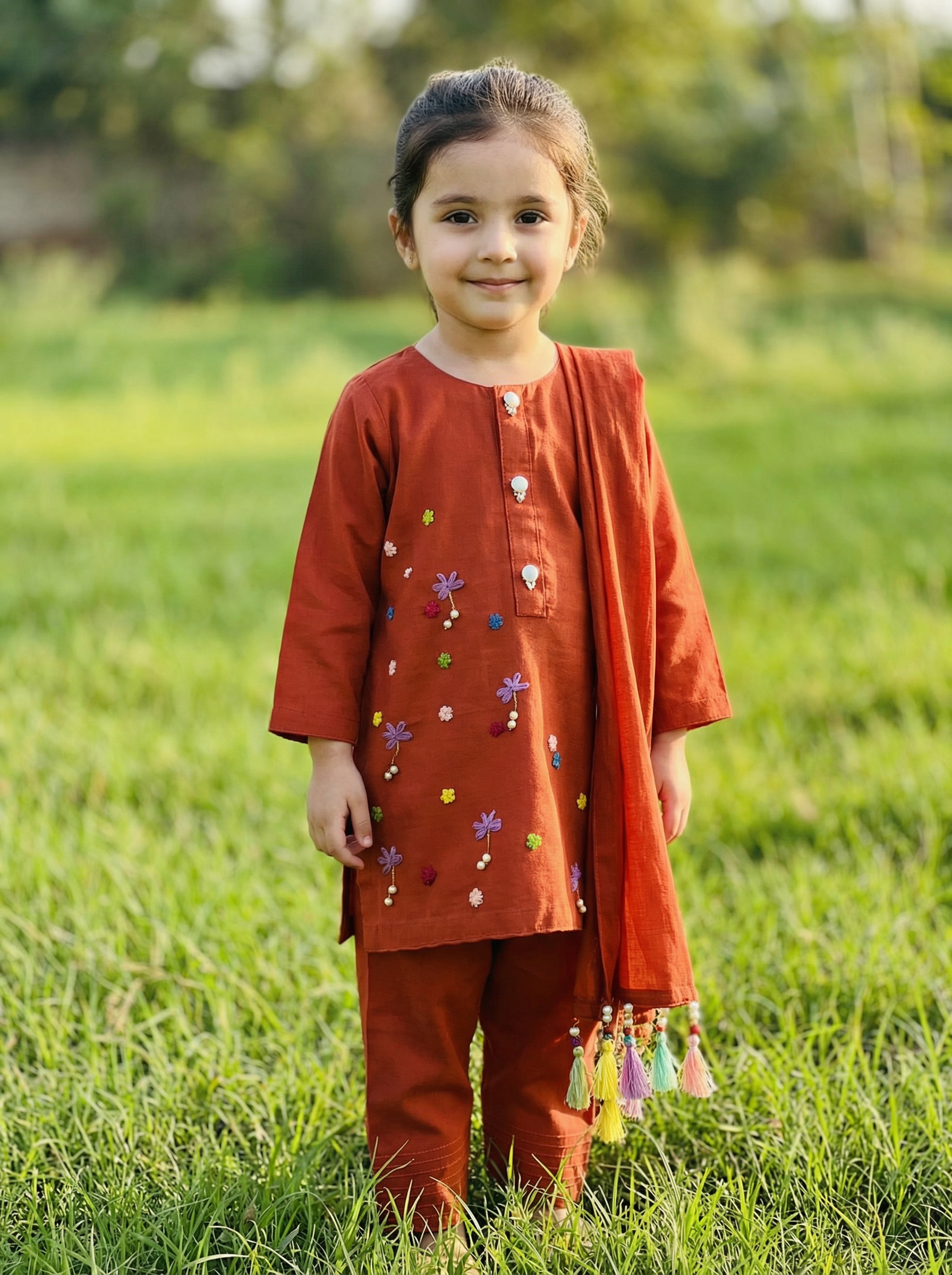 Girls' Rust Embroidered Tunic with Pants and Tassel Dupatta Set PD119