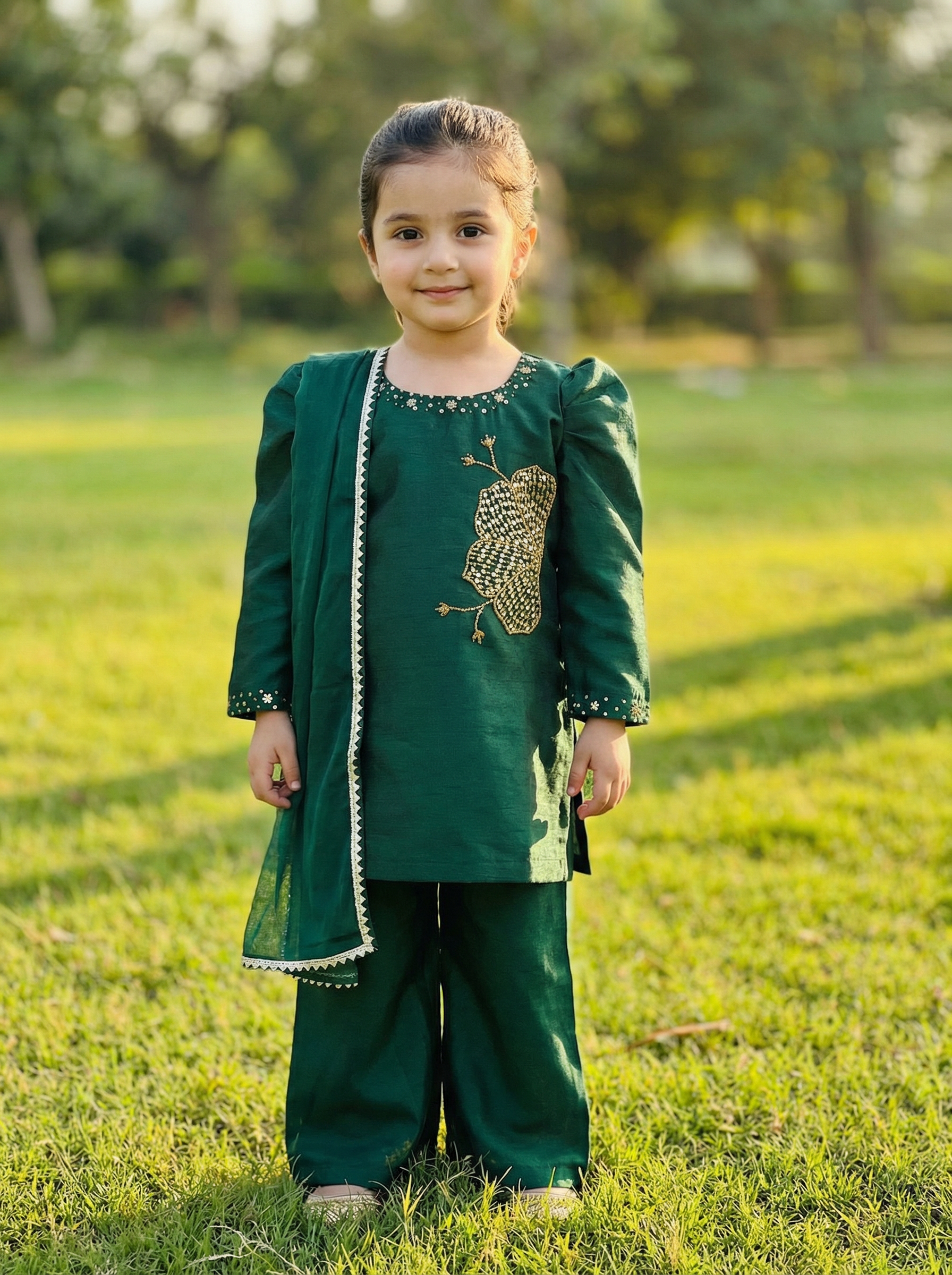 Girls' Green Embroidered Kurti with Trouser Set PD111