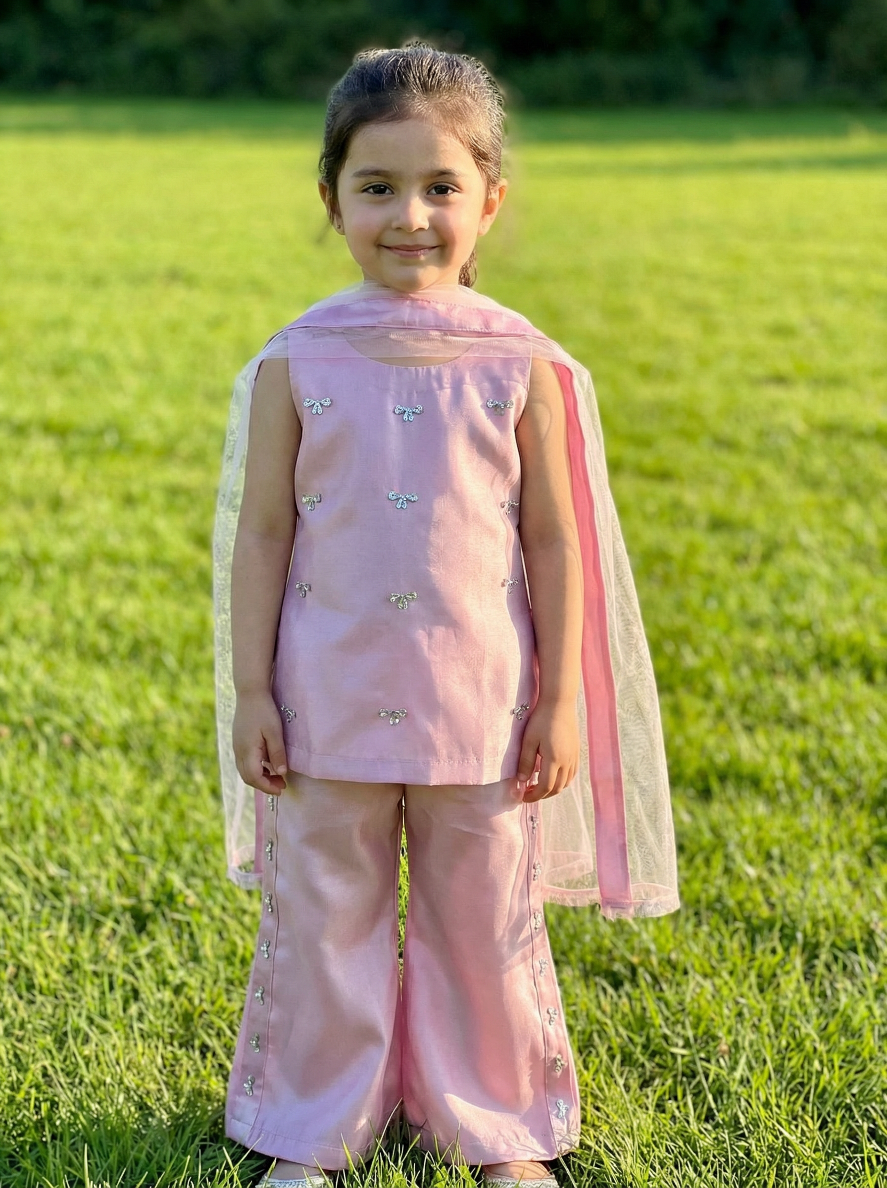 Girls' Pink Embroidered Kurti and Pant Set PD112