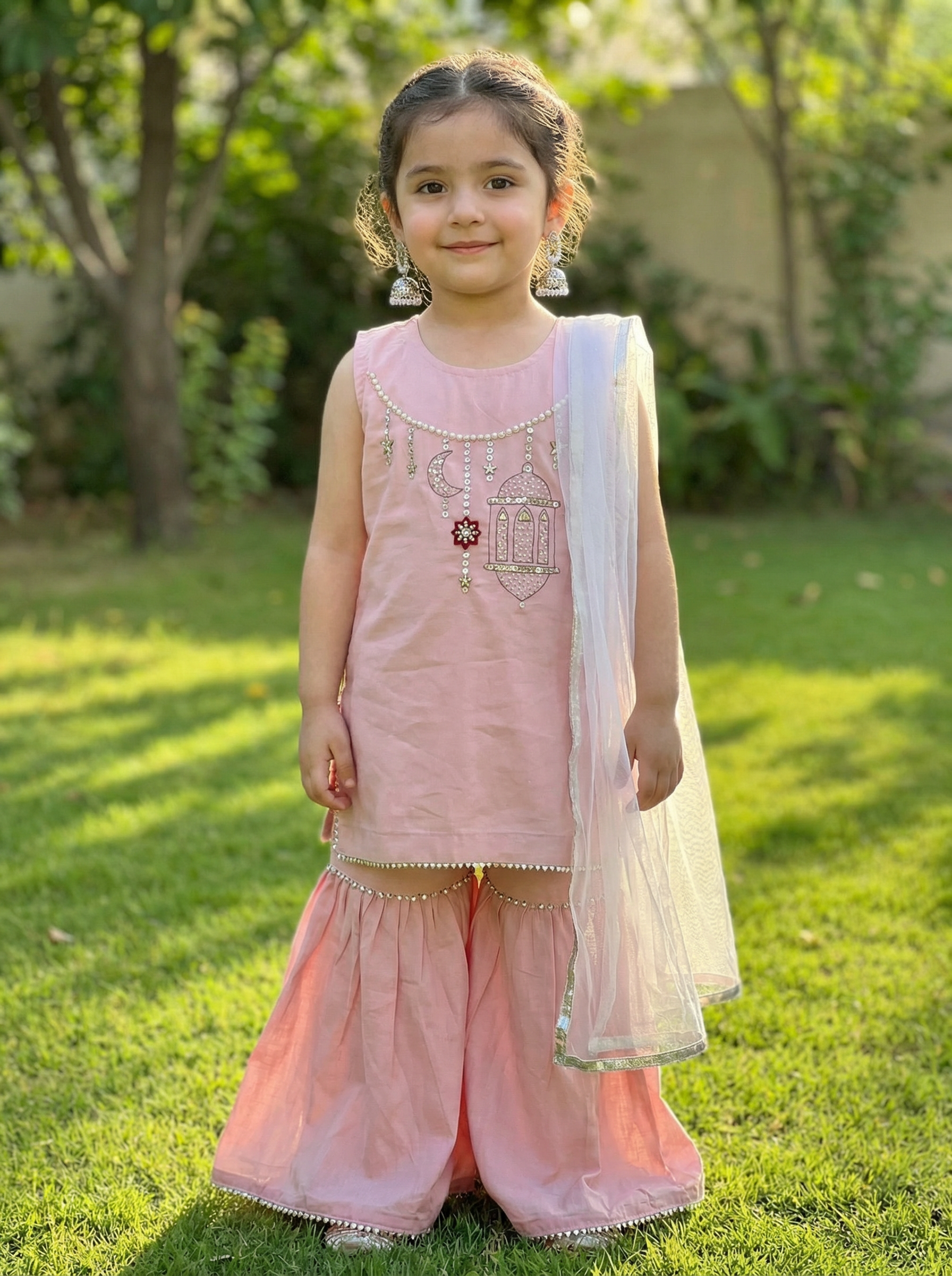 Girls' Pink Embroidered Kurti and Flared Pants Set PD113