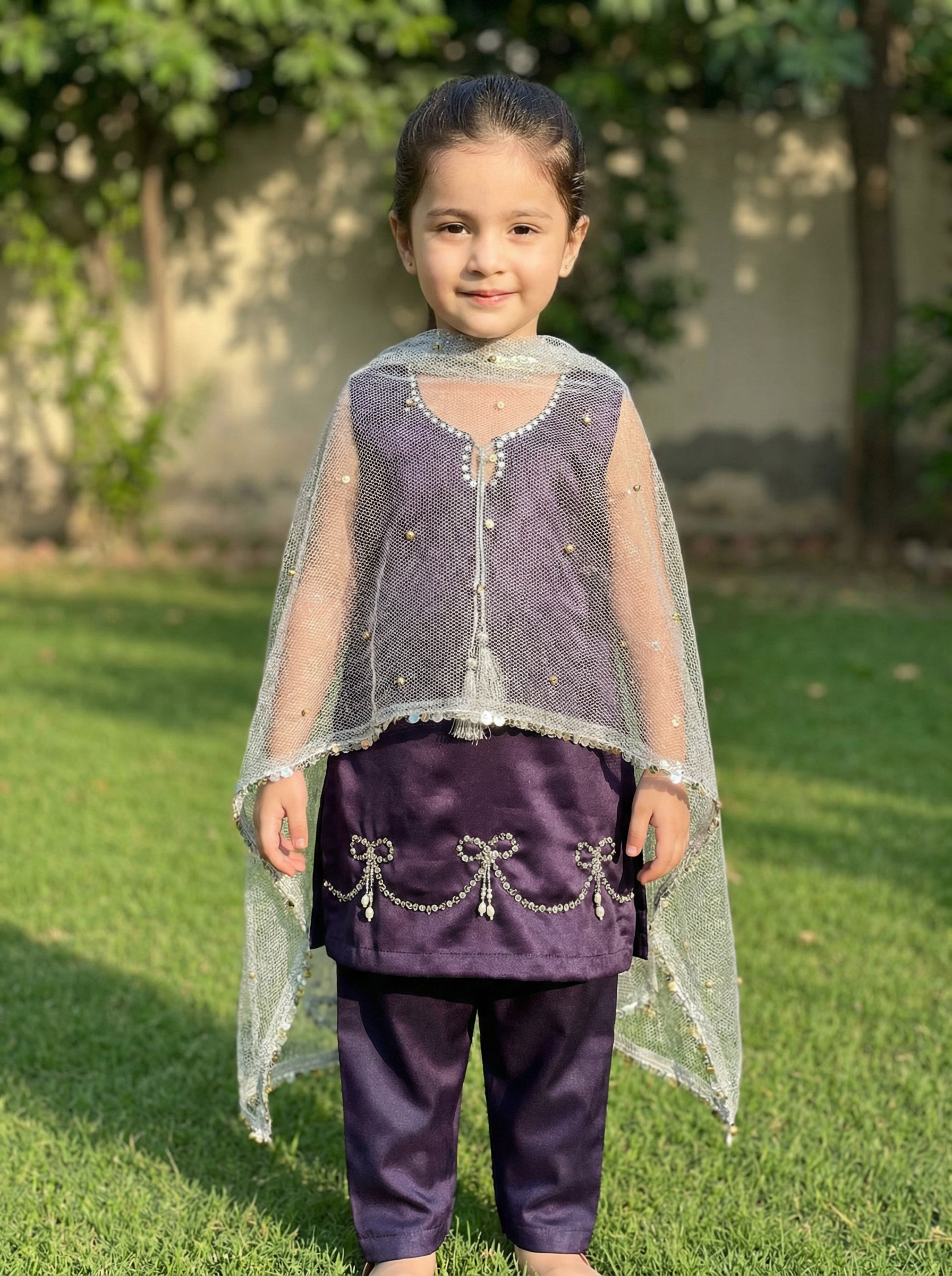 Girls' Purple Embellished Kurti with Pants Set PD116