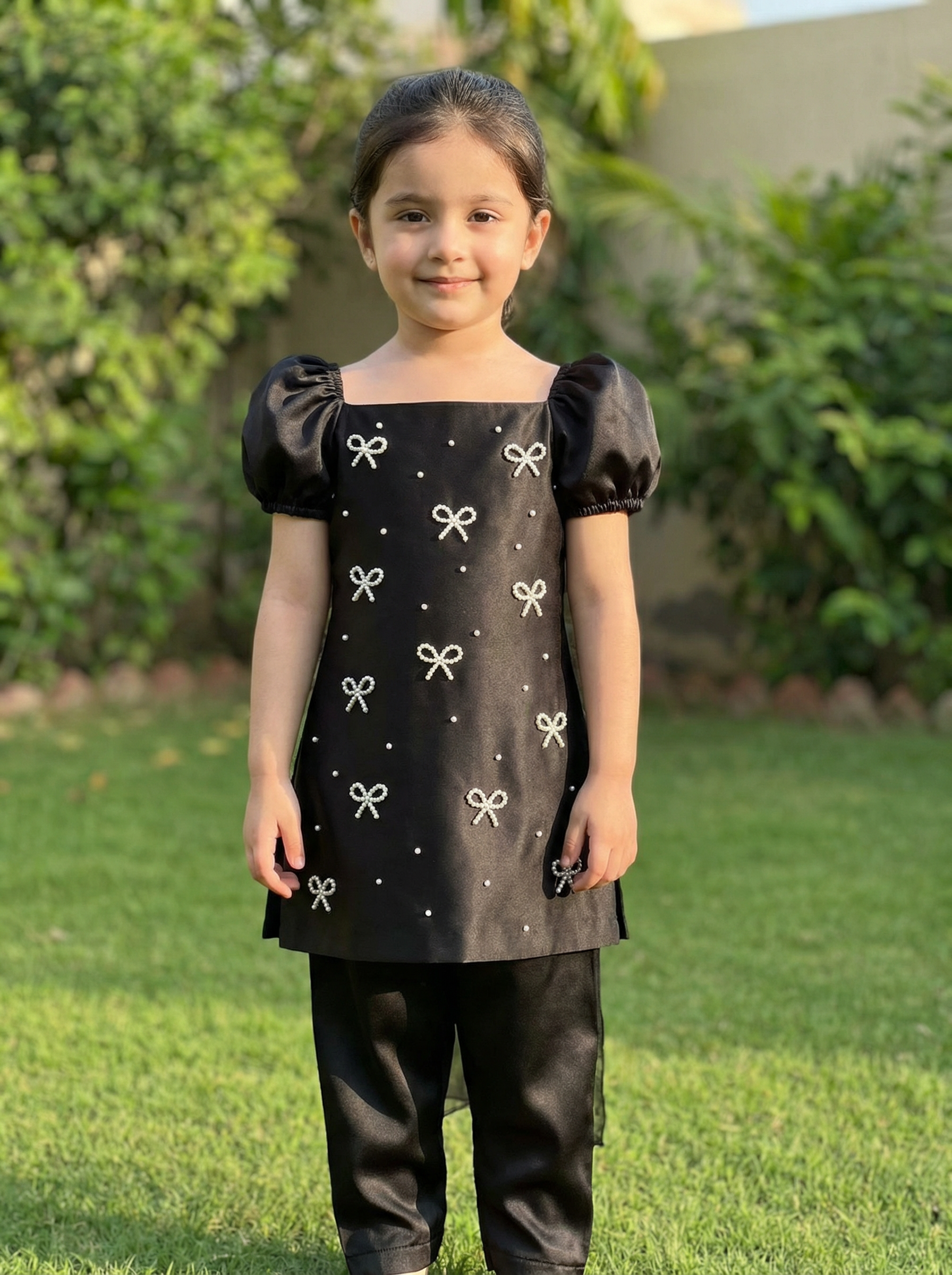 Girls' Black Bow Embellished Tunic with Pants Set PD117