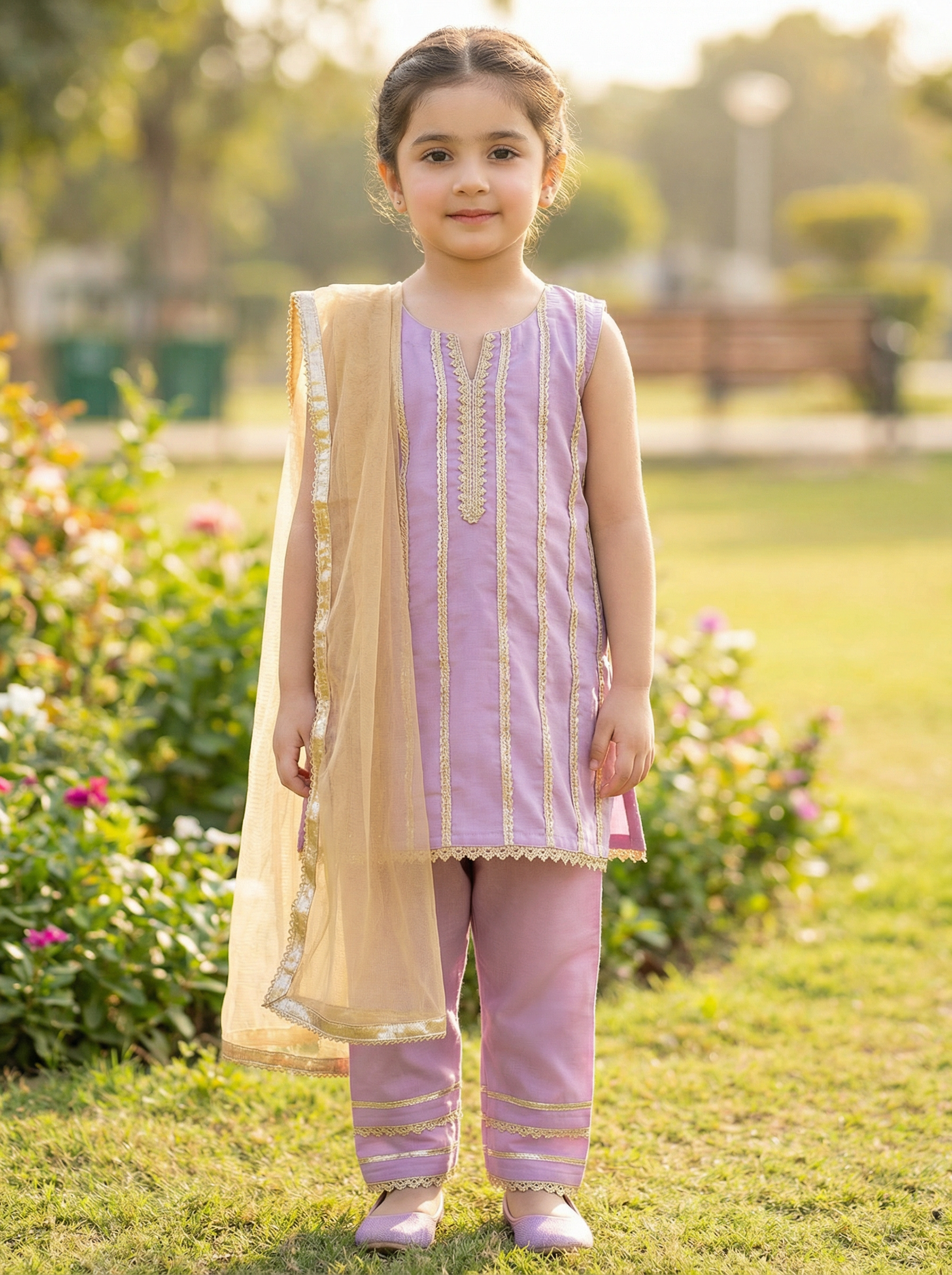 Lavender Straight Shirt Set with Gold Dupatta PD122