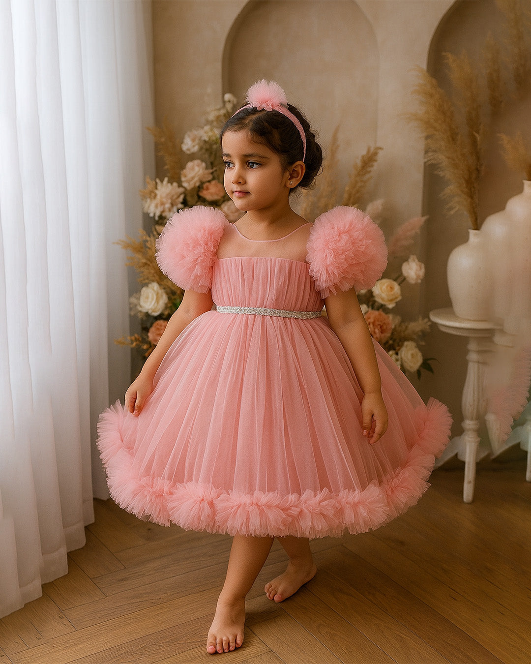 Peach Puff Sleeve Tulle Dress – PD086