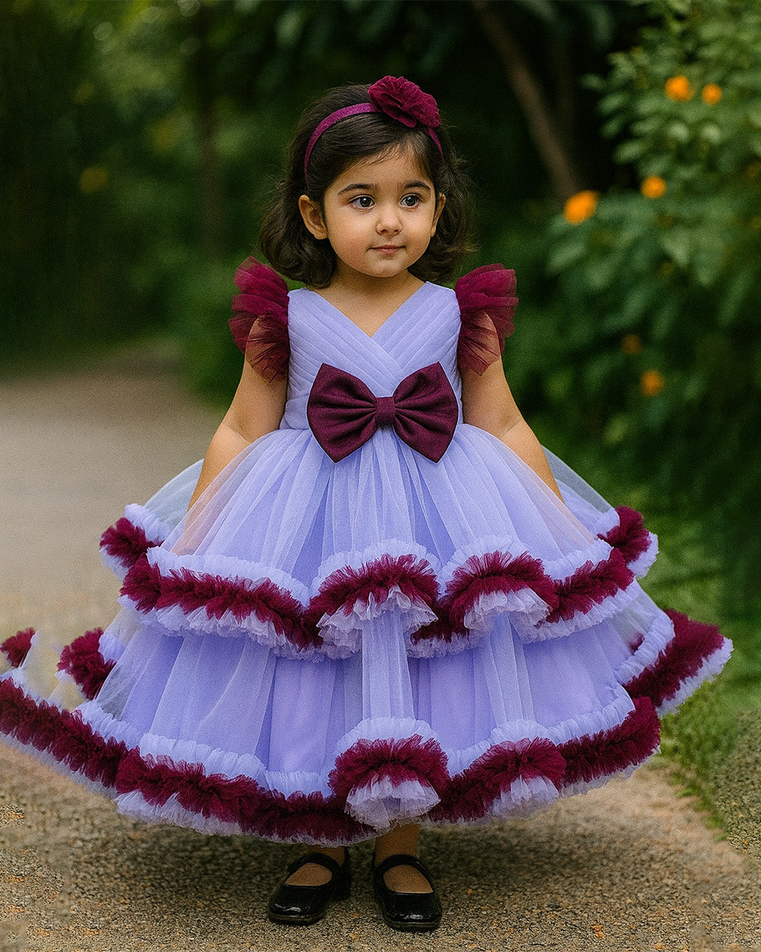 Lavender & Maroon Layered Gown 💜🍷 – PD085