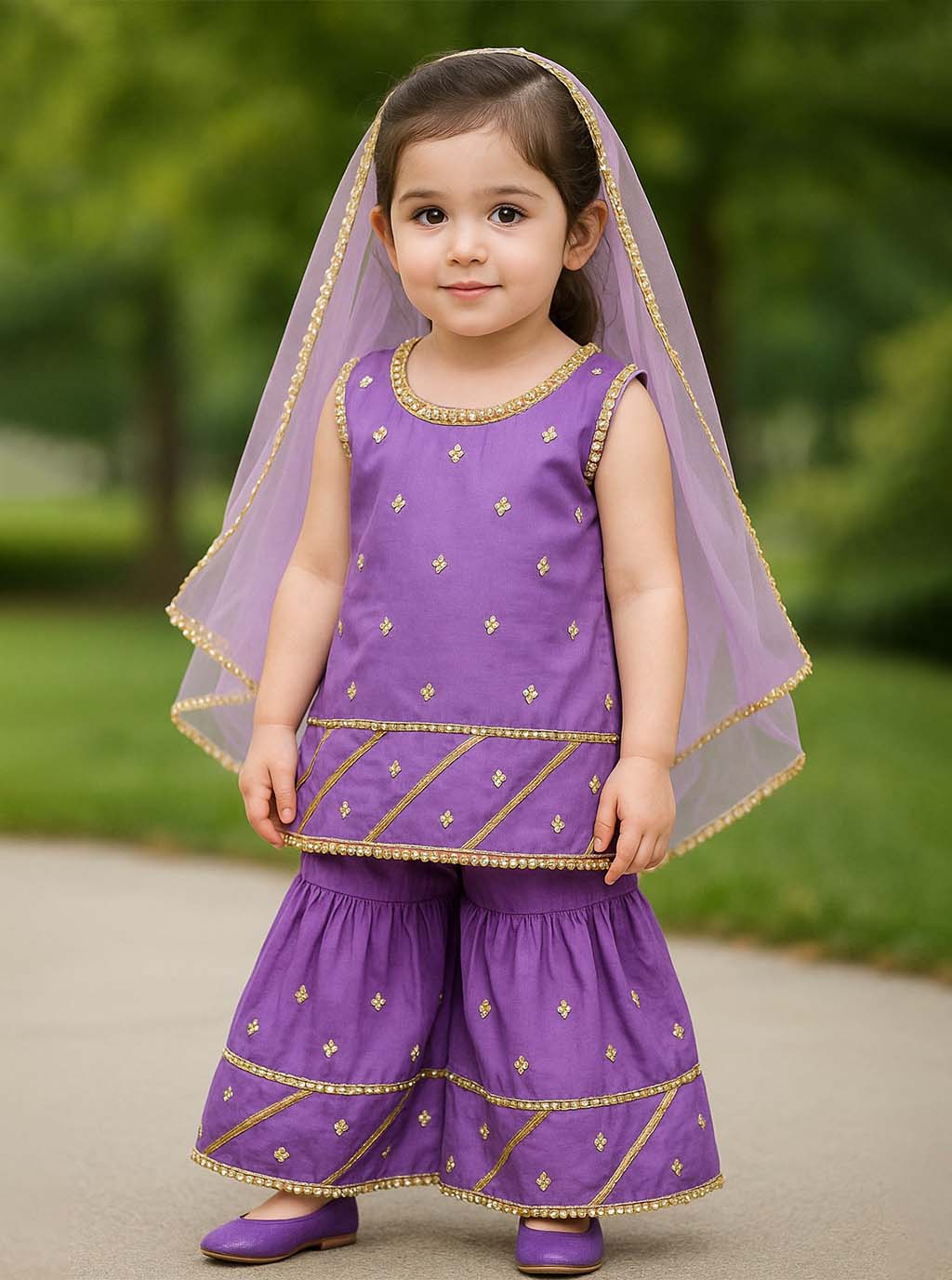 Purple Mirror Work Gharara Set PD44