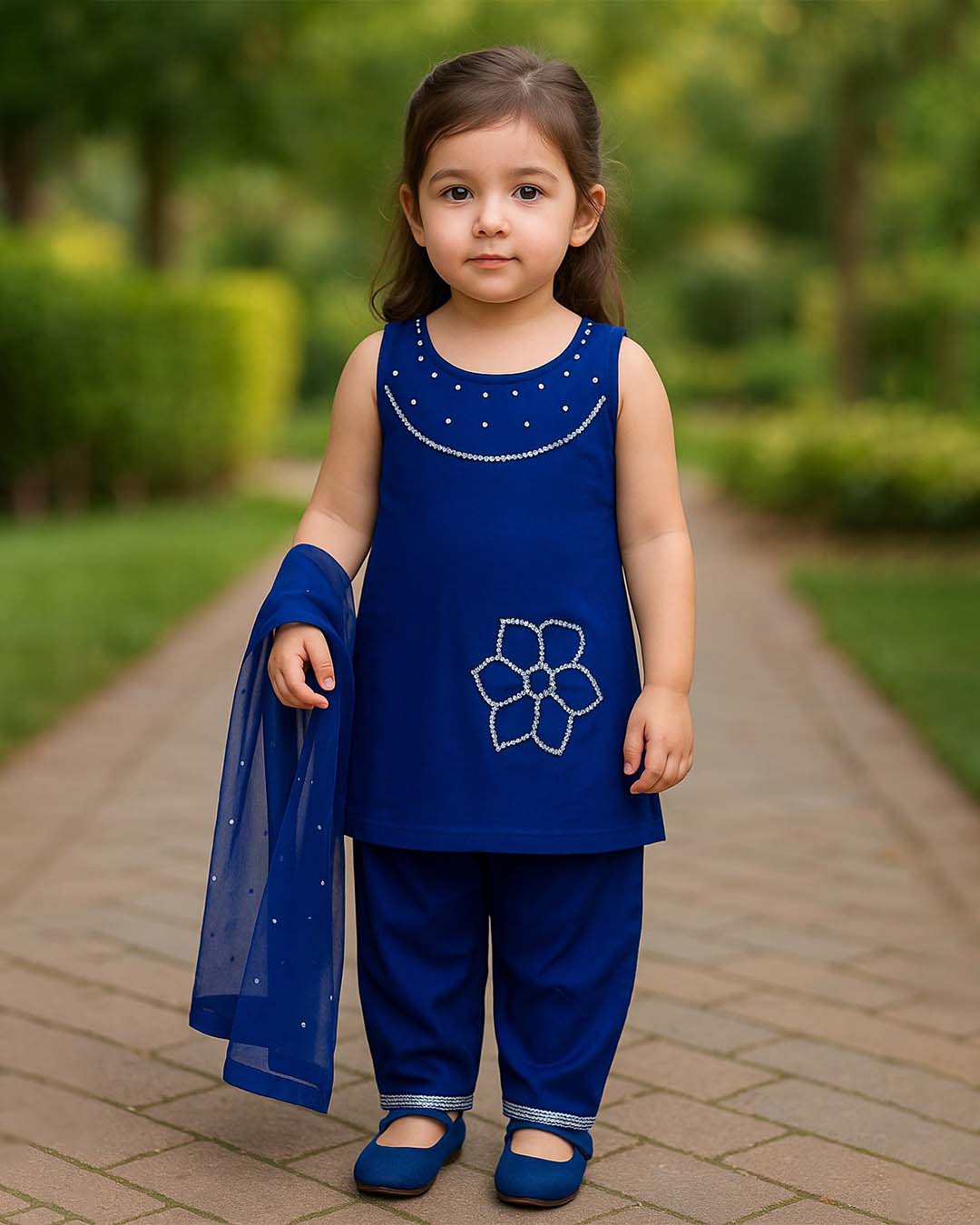 Royal Blue Beaded Cotton 3-Piece Suit - PD090