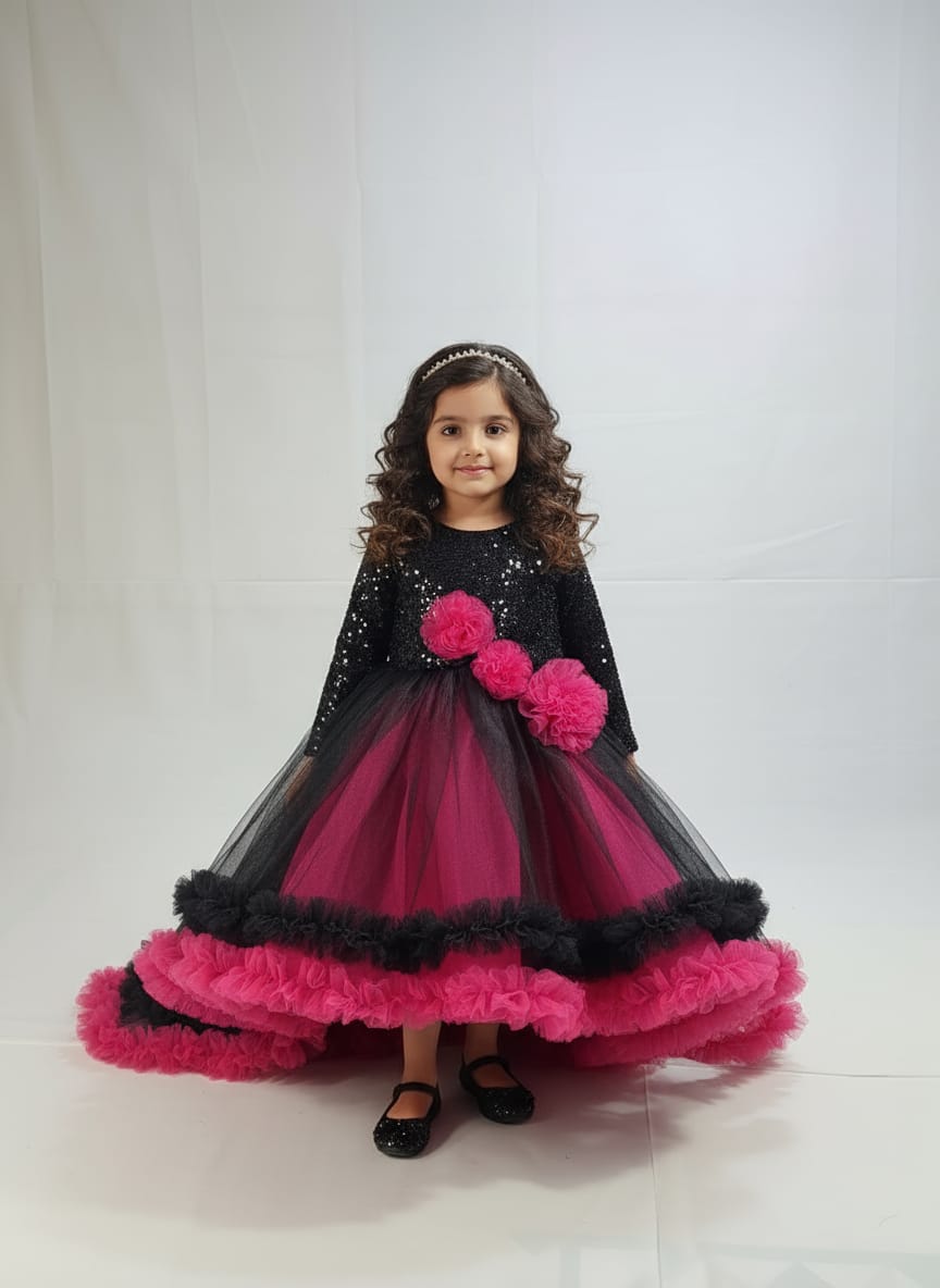 Black & Hot Pink Long Trail Sequin Gown â€“ PD109