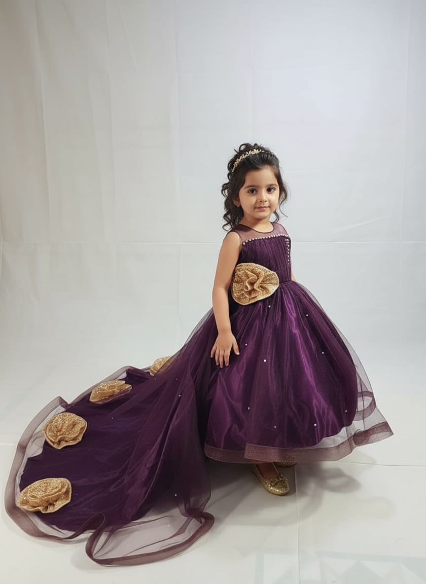 Purple & Gold Long Trail Princess Gown â€“ PD108