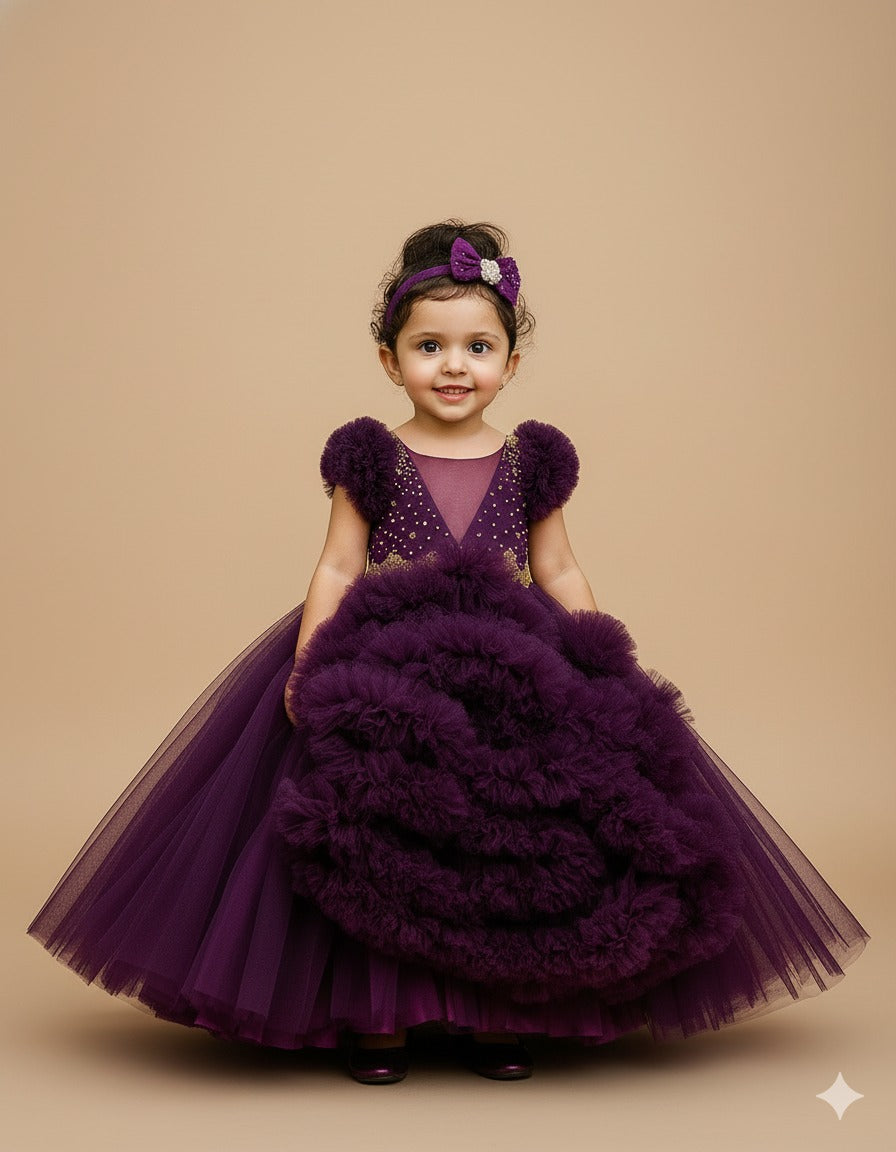 Deep Plum Ruffled Ball Gown â€“ PD105