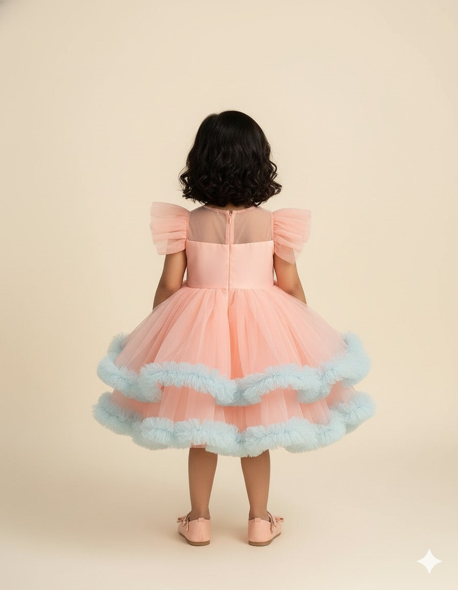 Peach & Blue Ruffle Tulle Dress â€“ PD106