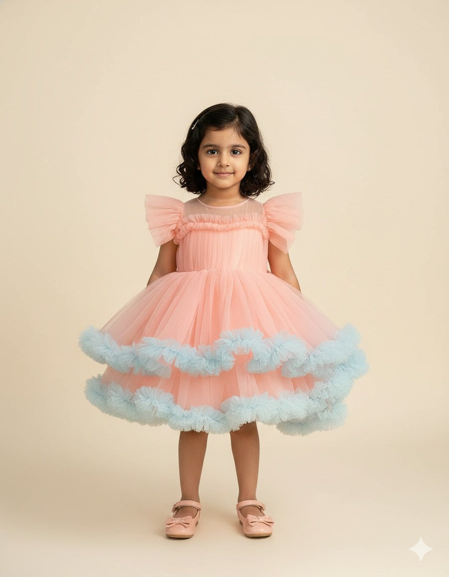 Peach & Blue Ruffle Tulle Dress â€“ PD106