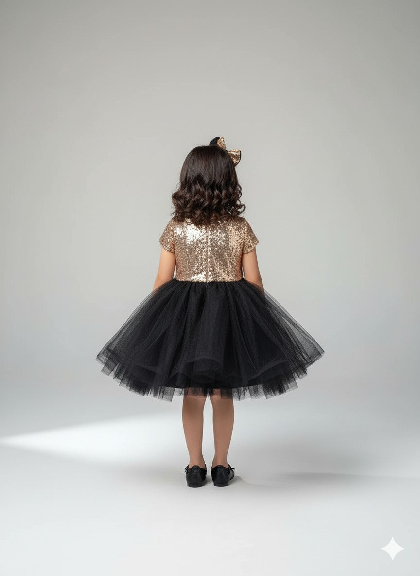 Gold Sequin & Black Tulle Party Dress â€“ PD094