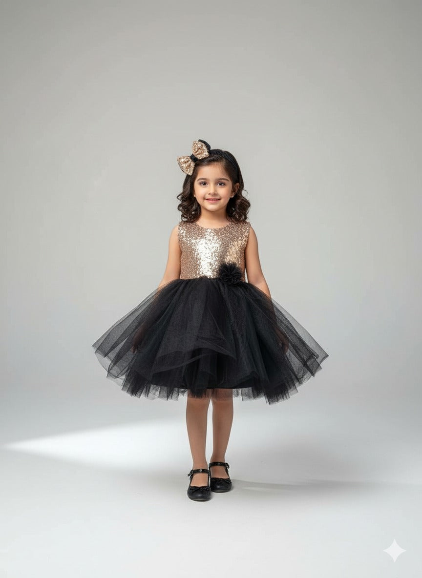 Gold Sequin & Black Tulle Party Dress â€“ PD094