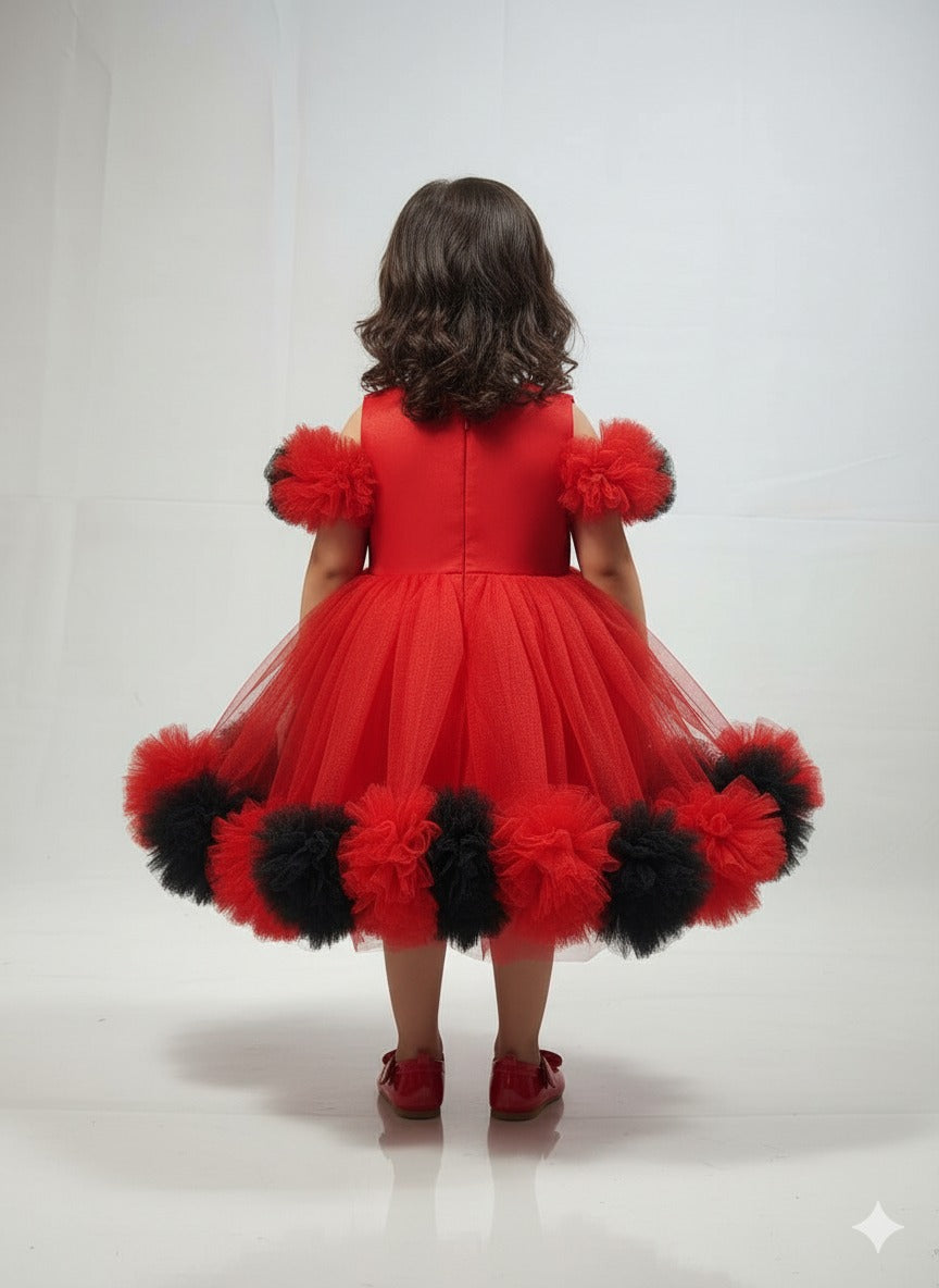 Red & Black Tulle Pom-Pom Party Dress â€“ PD096