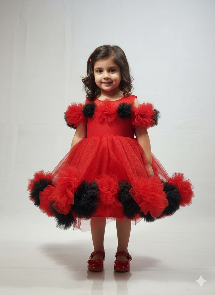 Red & Black Tulle Pom-Pom Party Dress â€“ PD096