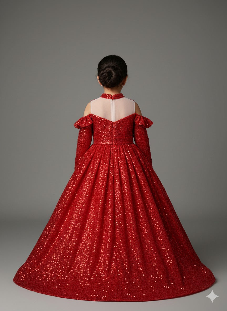 Red Sequin Cold-Shoulder Ball Gown â€“ PD098