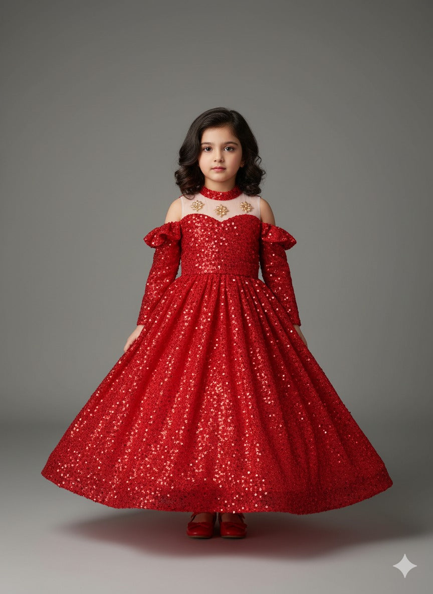 Red Sequin Cold-Shoulder Ball Gown â€“ PD098