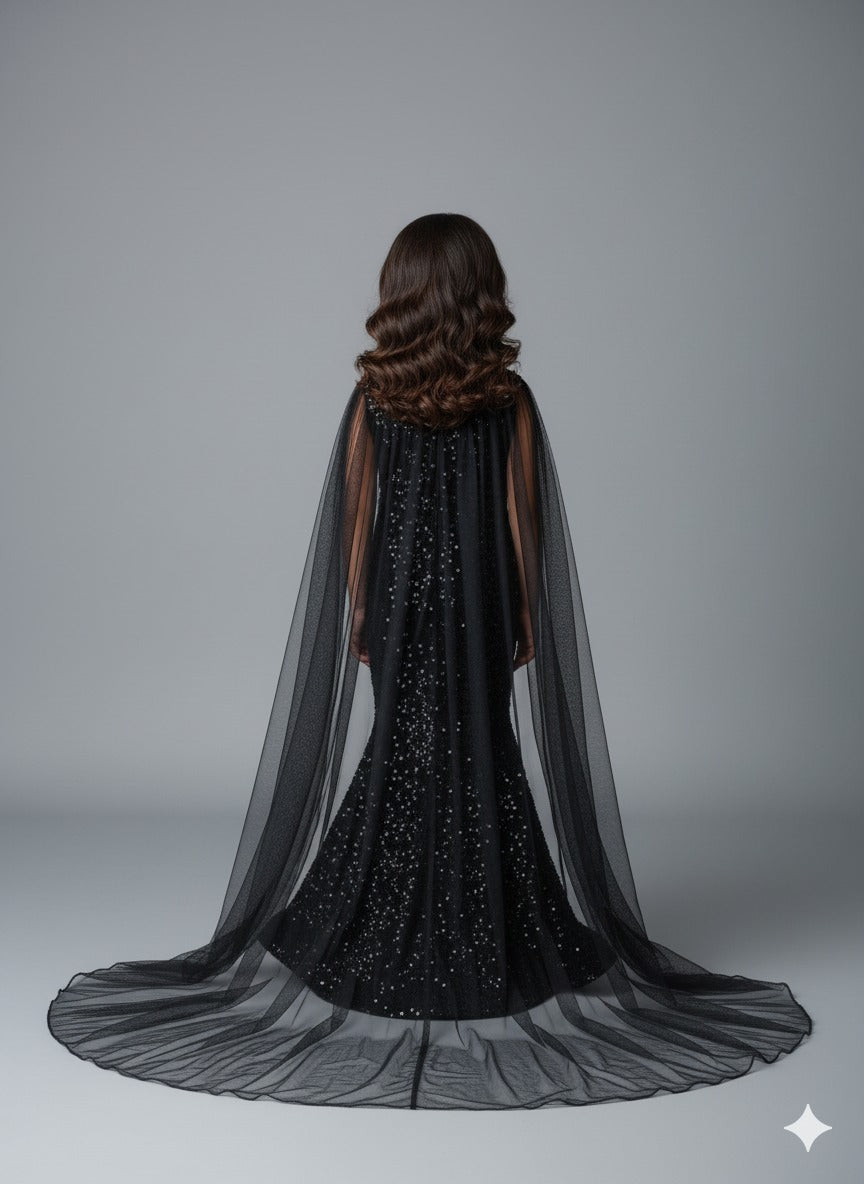Black Sequin Mermaid Gown with Cape – PD100