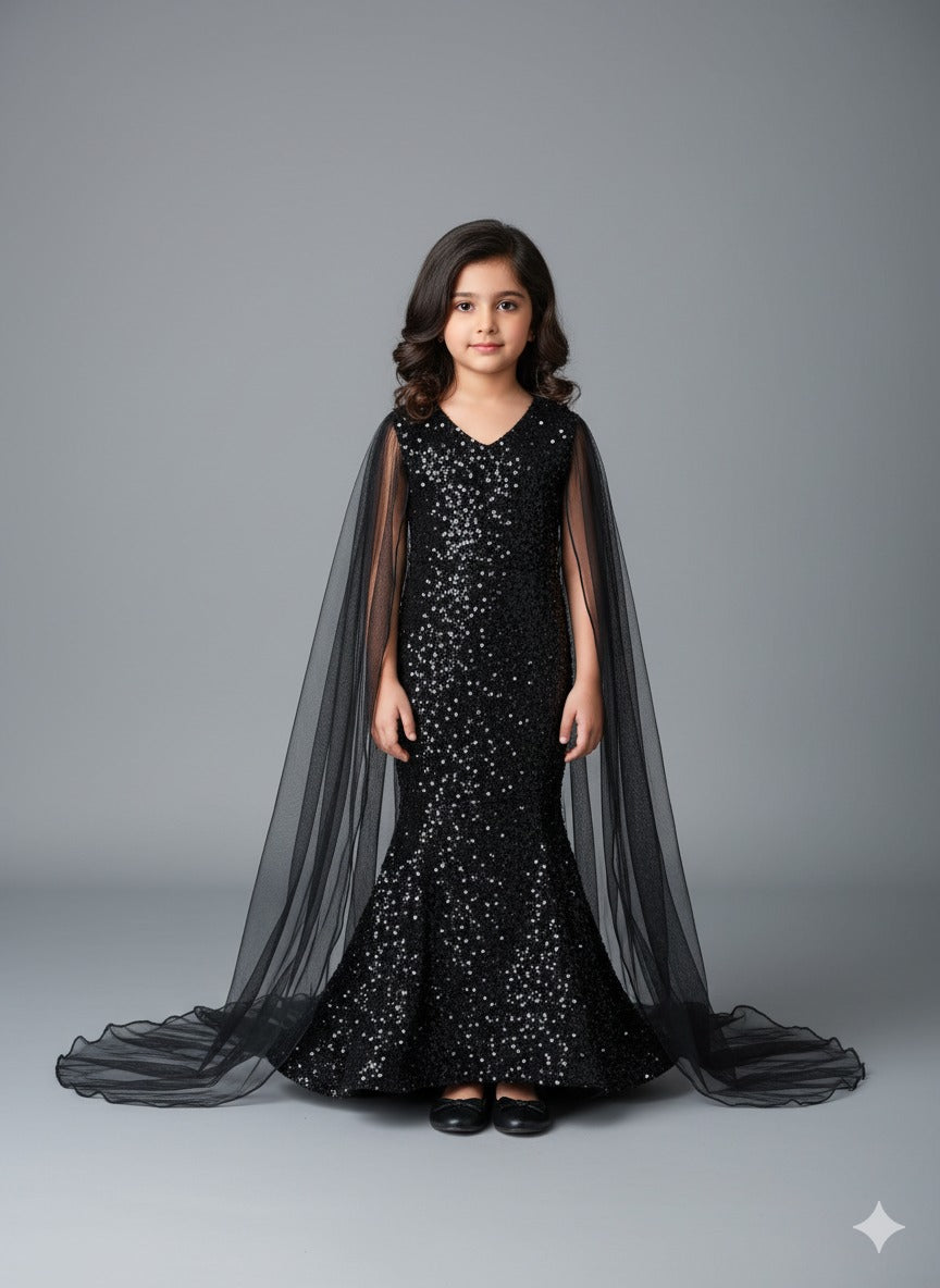 Black Sequin Mermaid Gown with Cape – PD100