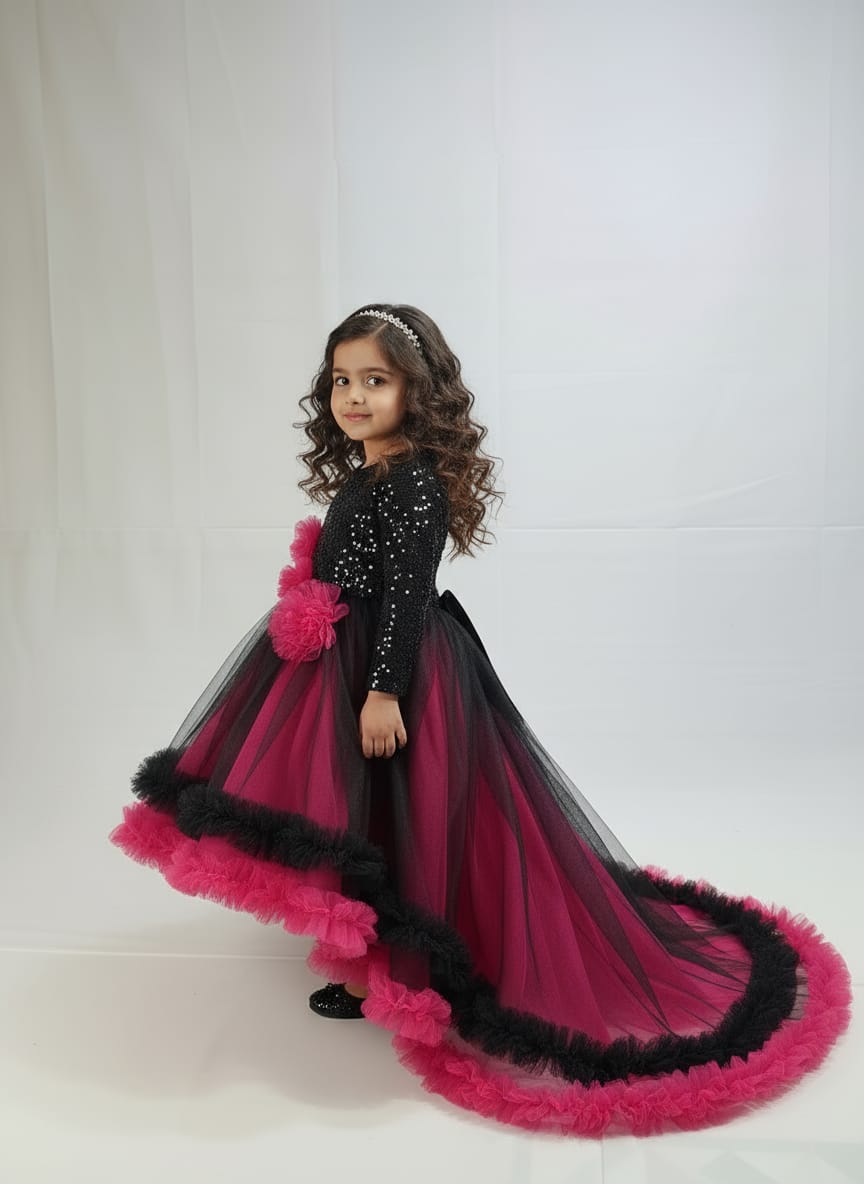 Black & Hot Pink Long Trail Sequin Gown – PD109